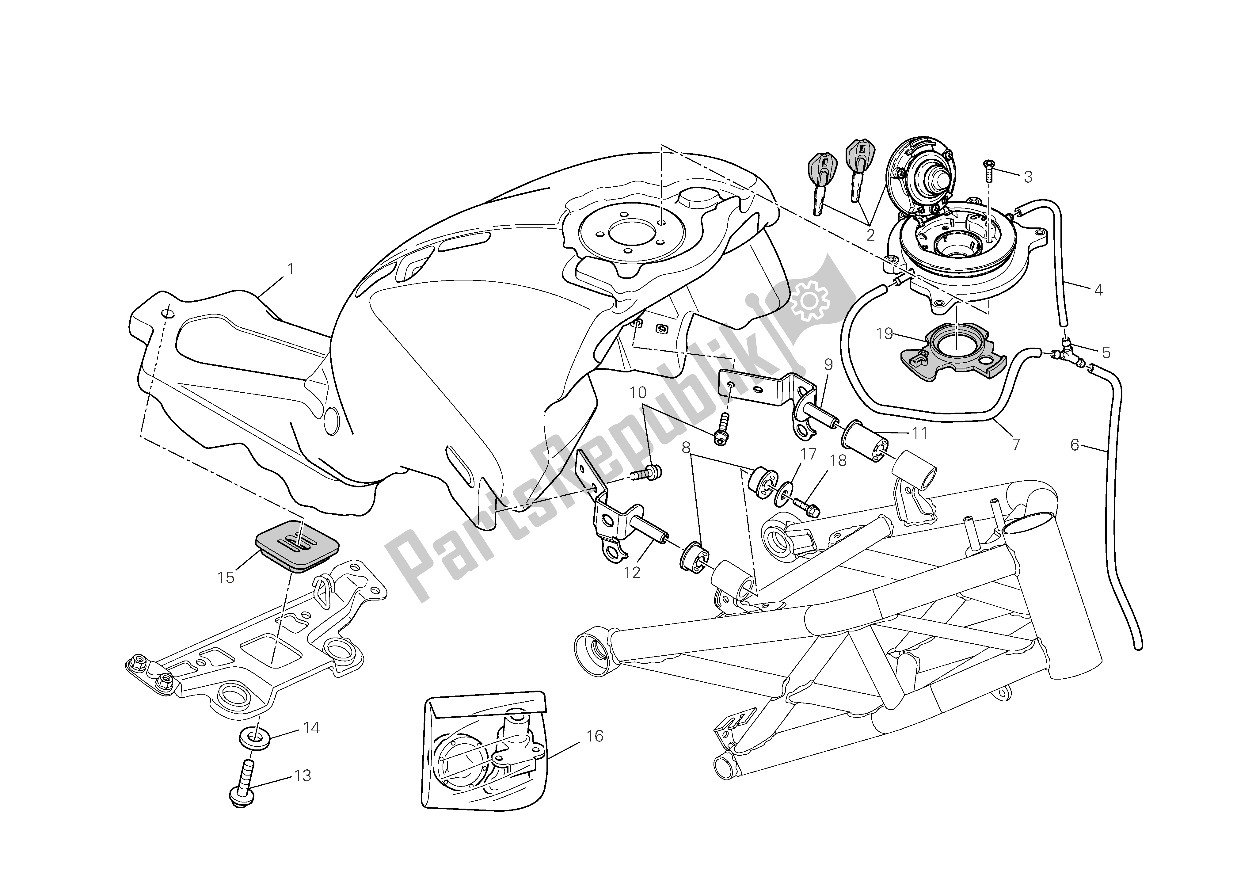 All parts for the Fuel Tank of the Ducati Monster 696 2009