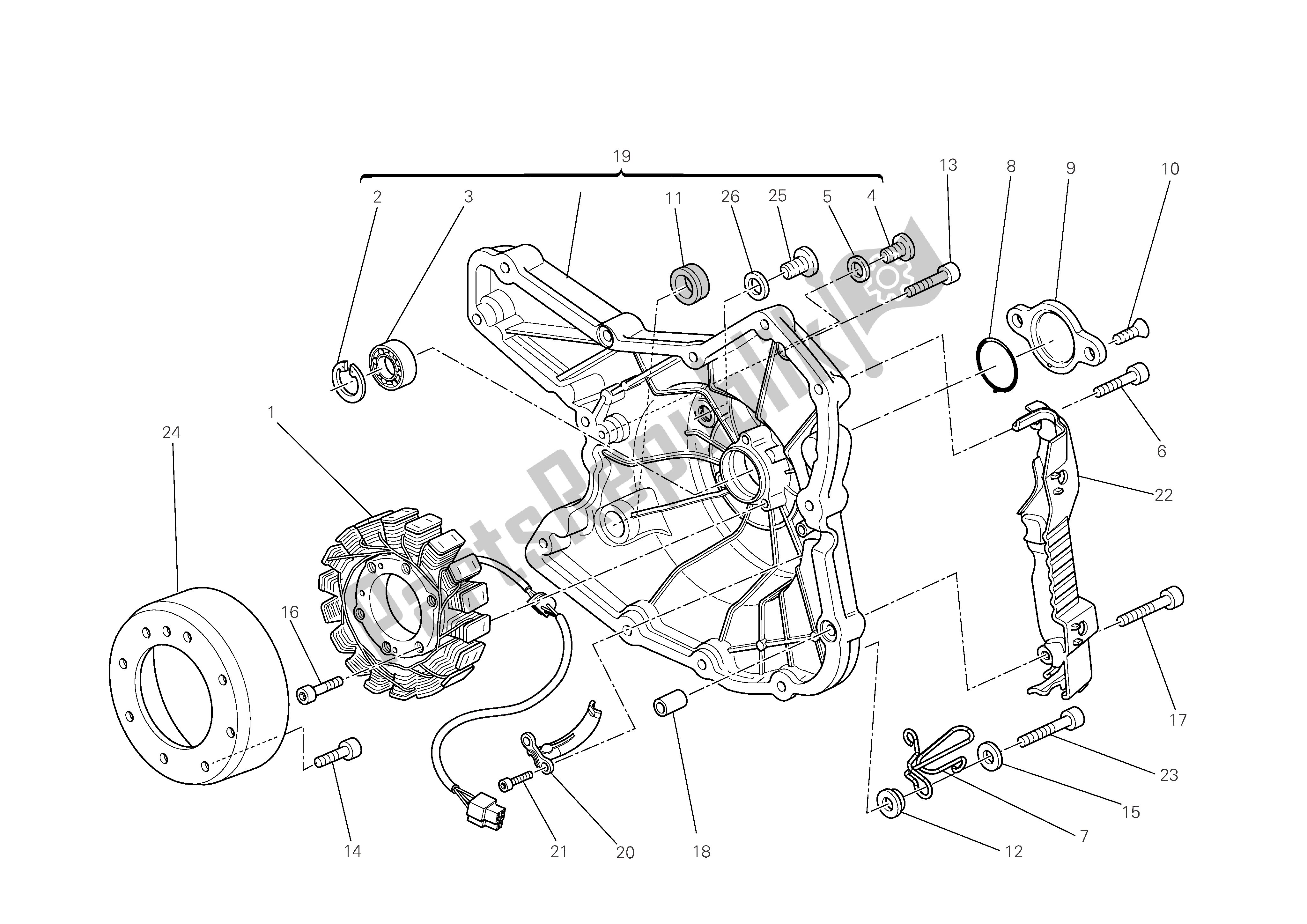 All parts for the Alternator-side Crankcasecover of the Ducati Monster 696 2009