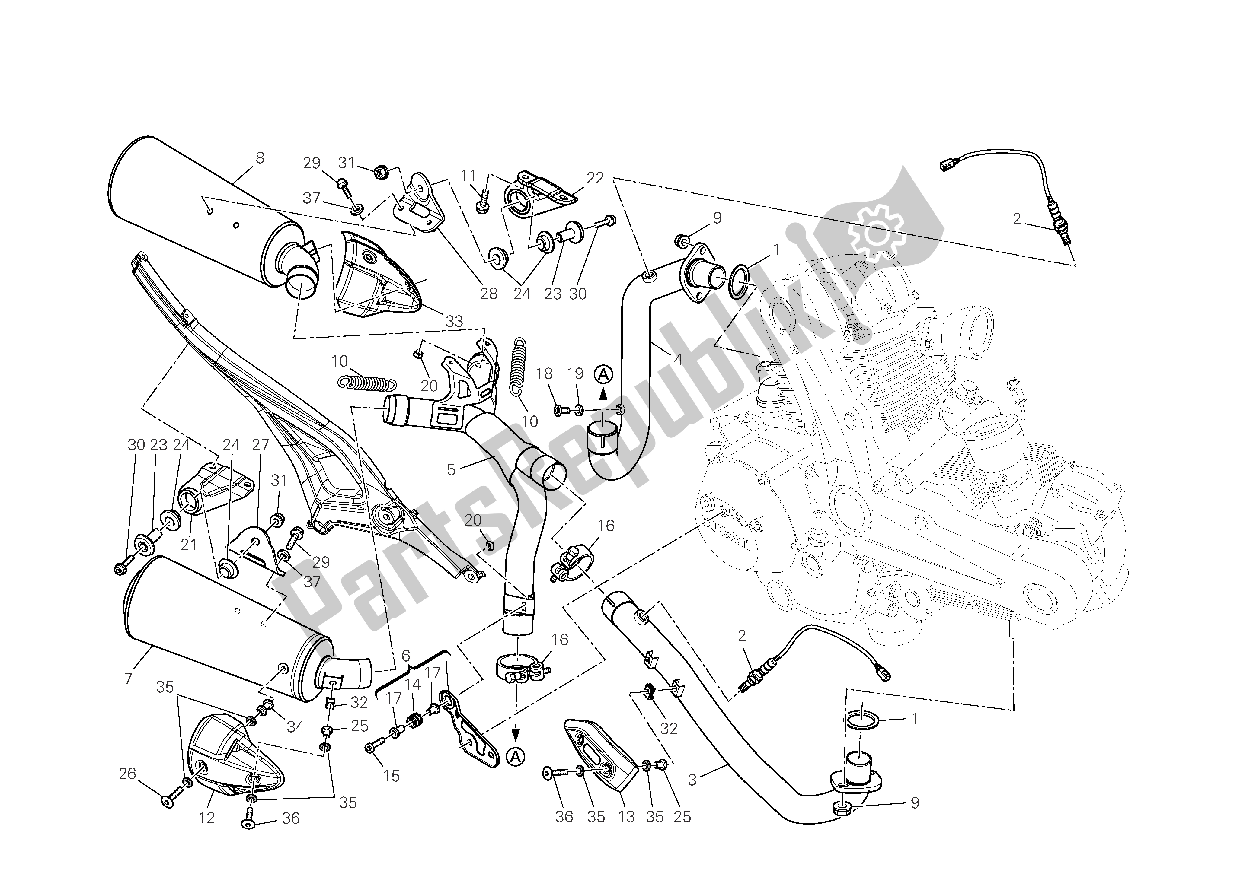 All parts for the Exhaust System of the Ducati Monster 696 2009