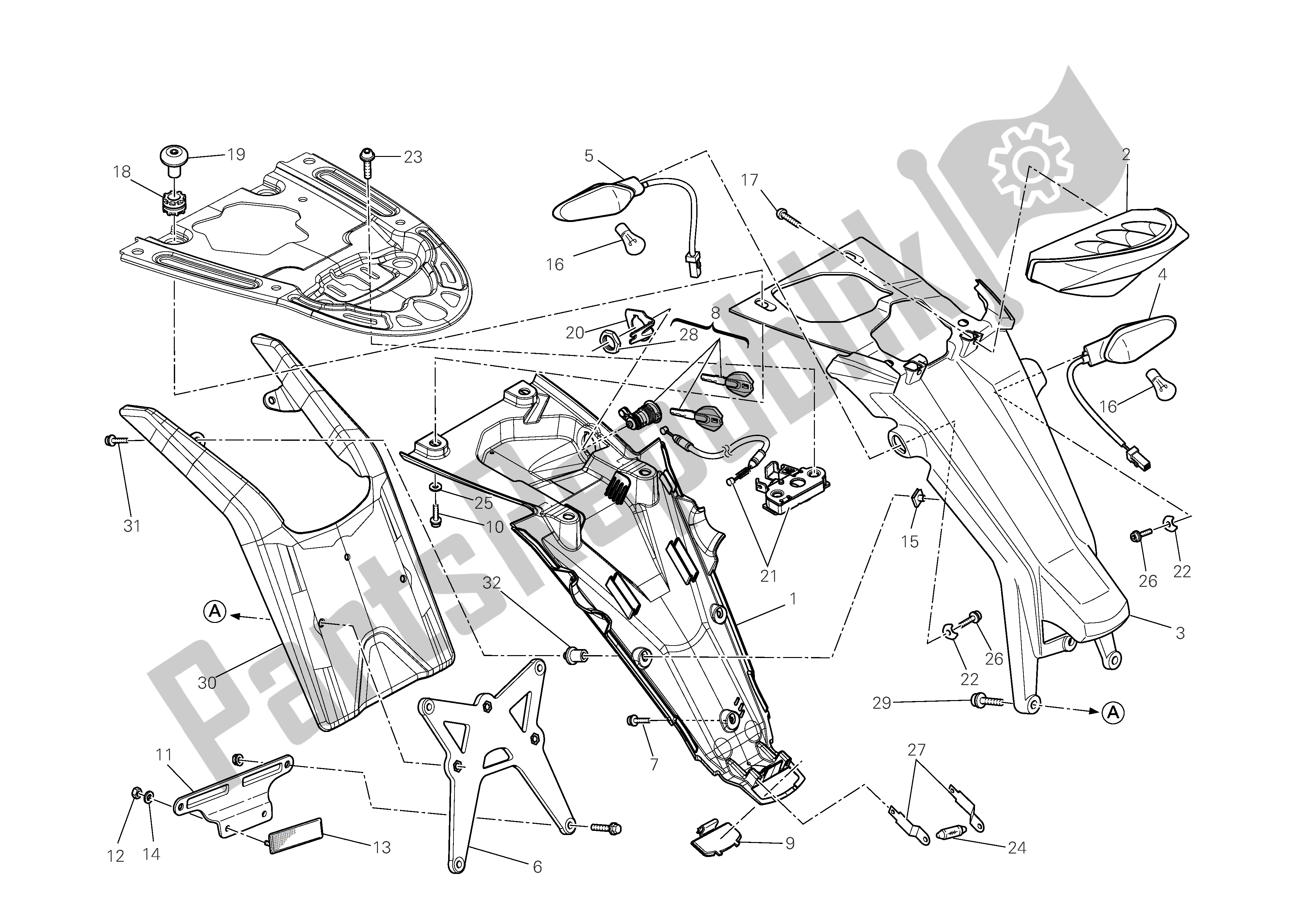 Tutte le parti per il Portatarga - Fanale Posteriore - (aus) del Ducati Monster 696 2009