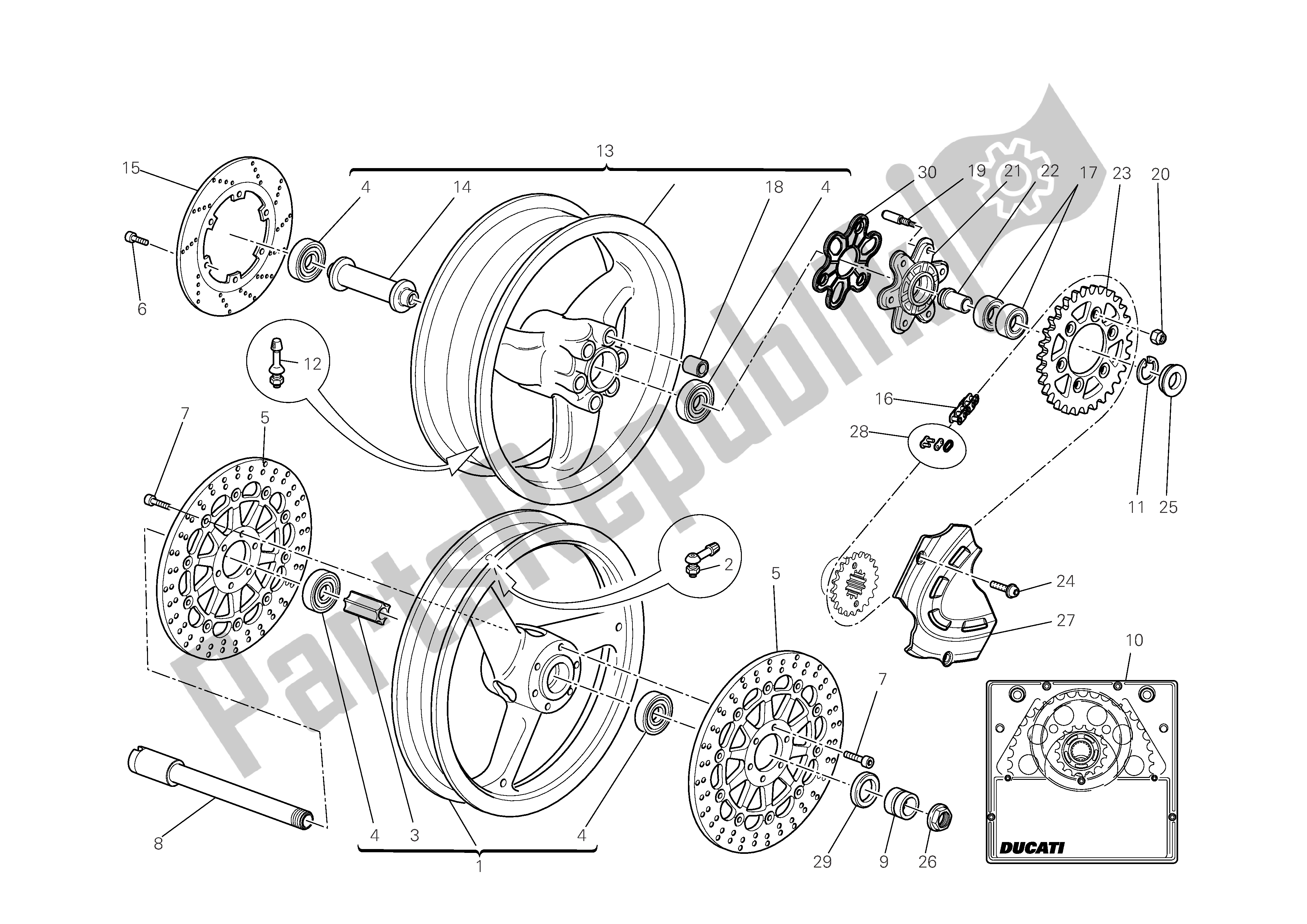 All parts for the Front And Rear Wheels of the Ducati Monster 696 2009