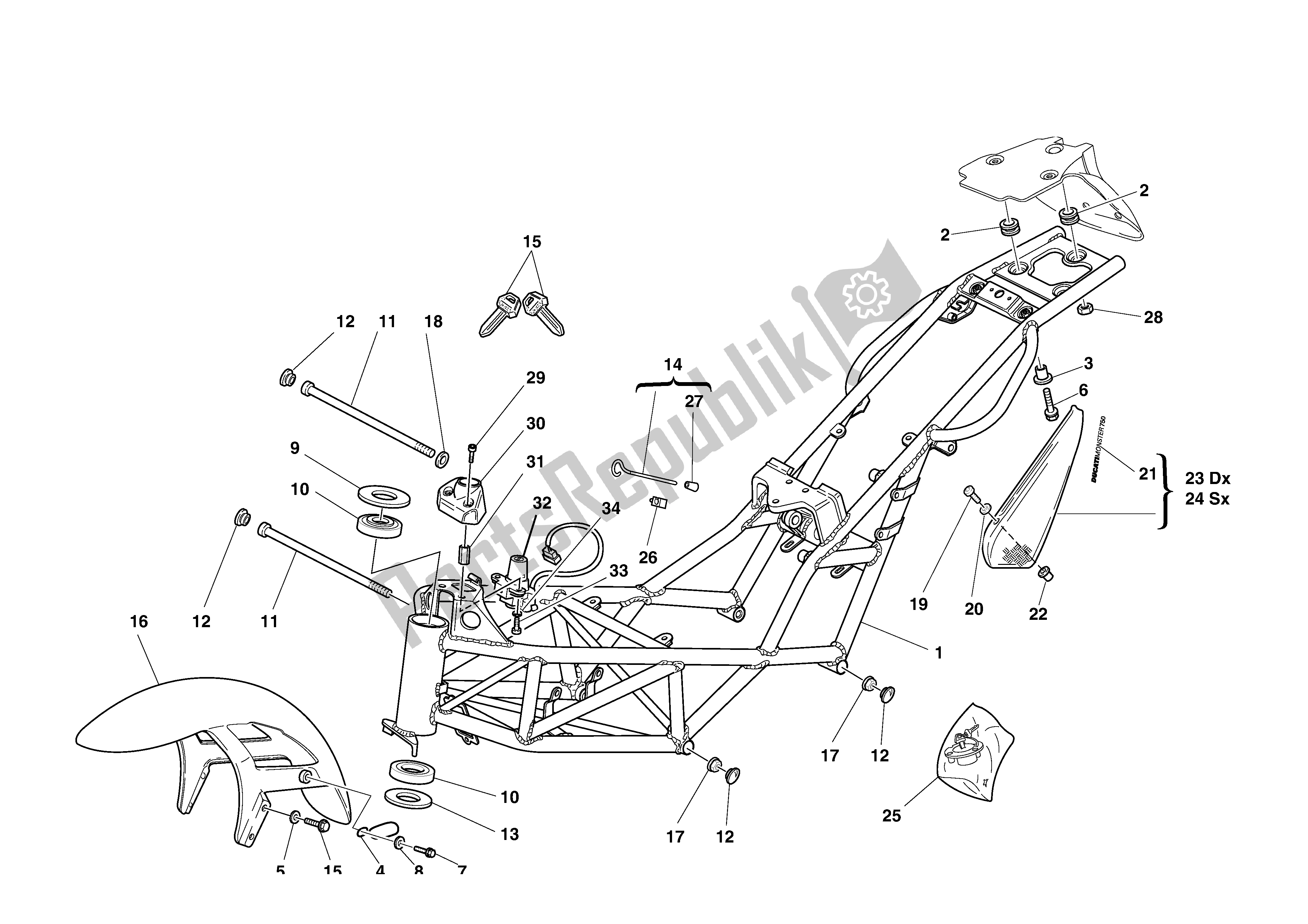 All parts for the Frame of the Ducati Monster 750 1996 - 2001
