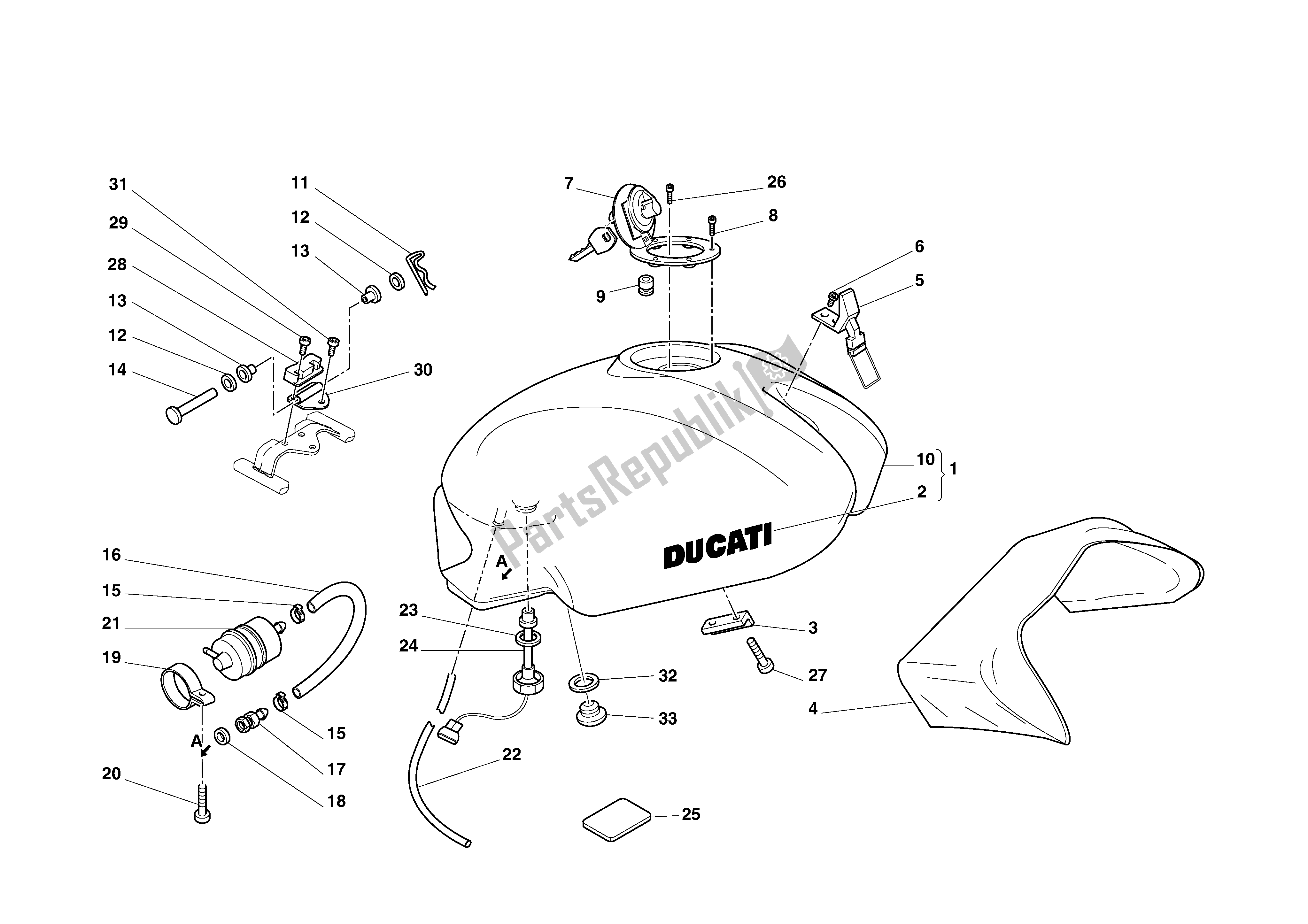 Alle onderdelen voor de Benzinetank van de Ducati Monster 750 1996 - 2001