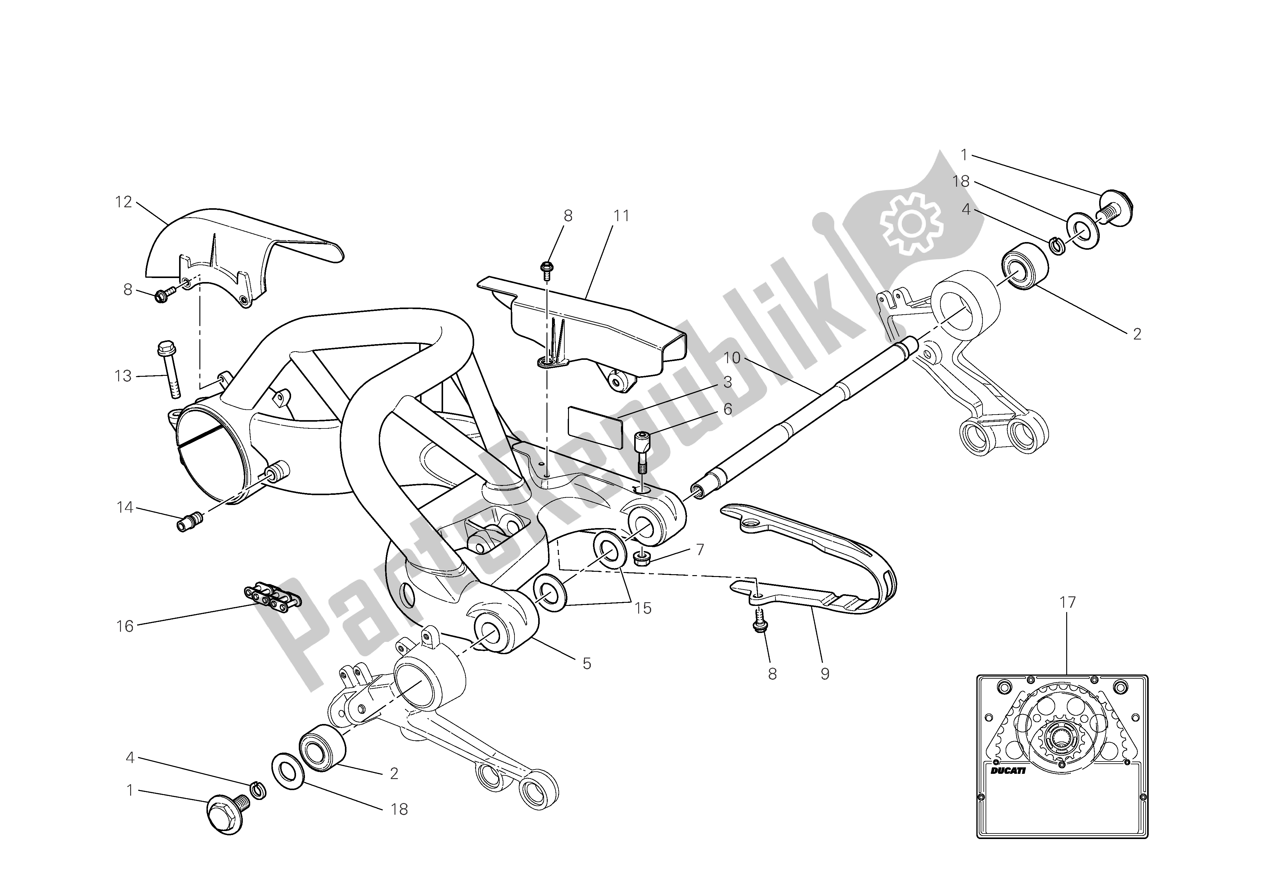 Alle onderdelen voor de Achterbrug En Aandrijfketting van de Ducati Monster S4 RS 1000 2006