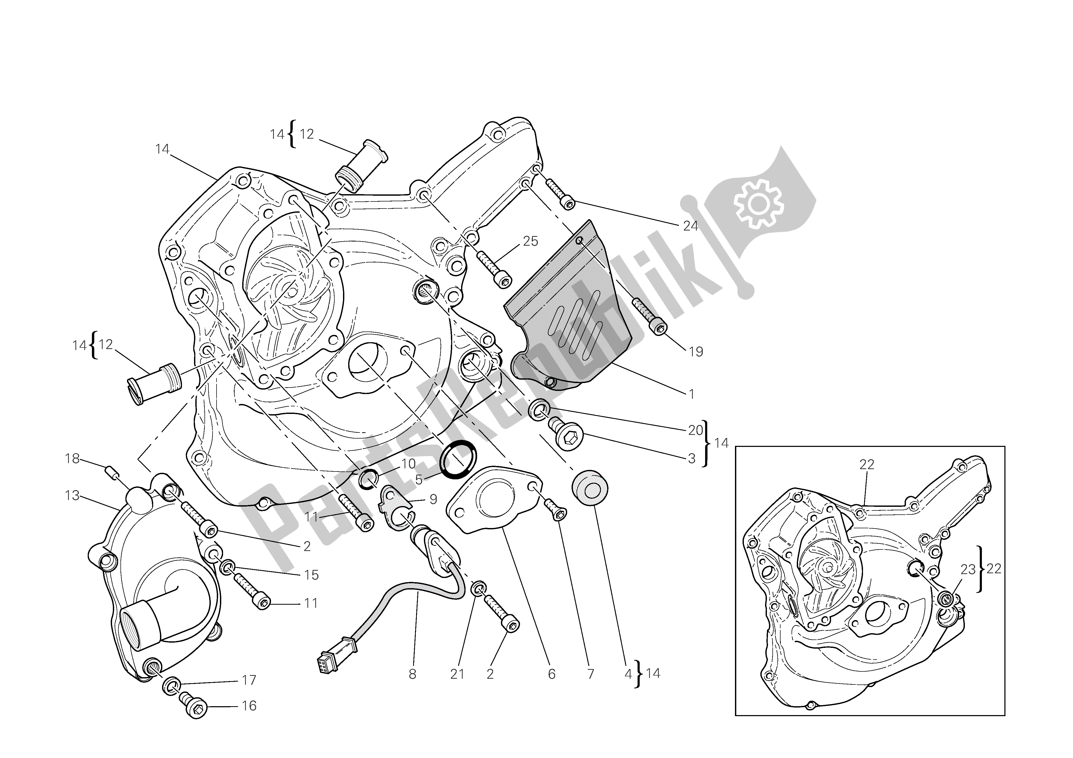 Alle onderdelen voor de Waterpomp-alt-zijde Carterdeksel van de Ducati Monster S4 RS 1000 2006