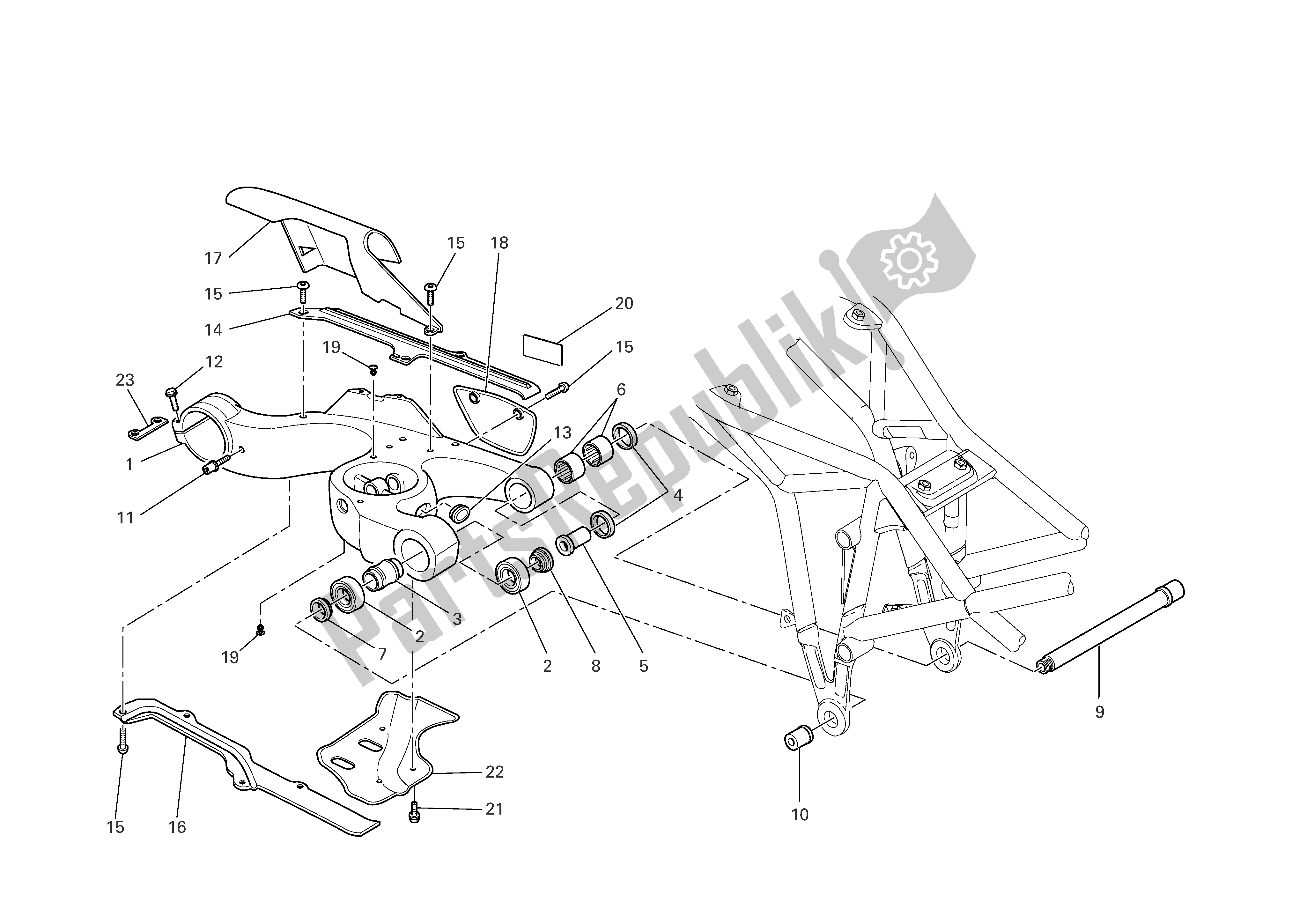 All parts for the Swingarm of the Ducati Multistrada 1000 2005
