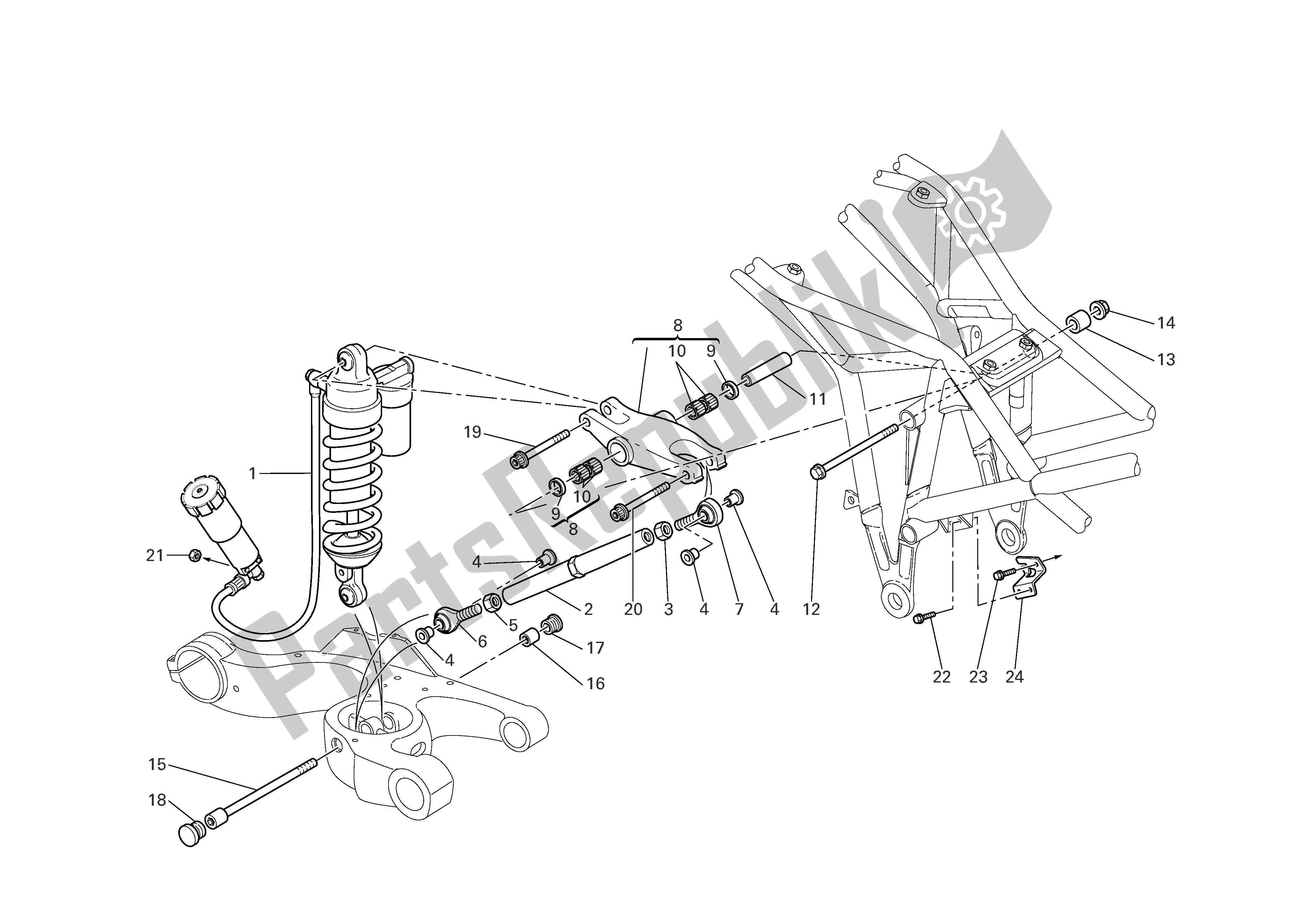 Alle onderdelen voor de Achtervering van de Ducati Multistrada 1000 2005