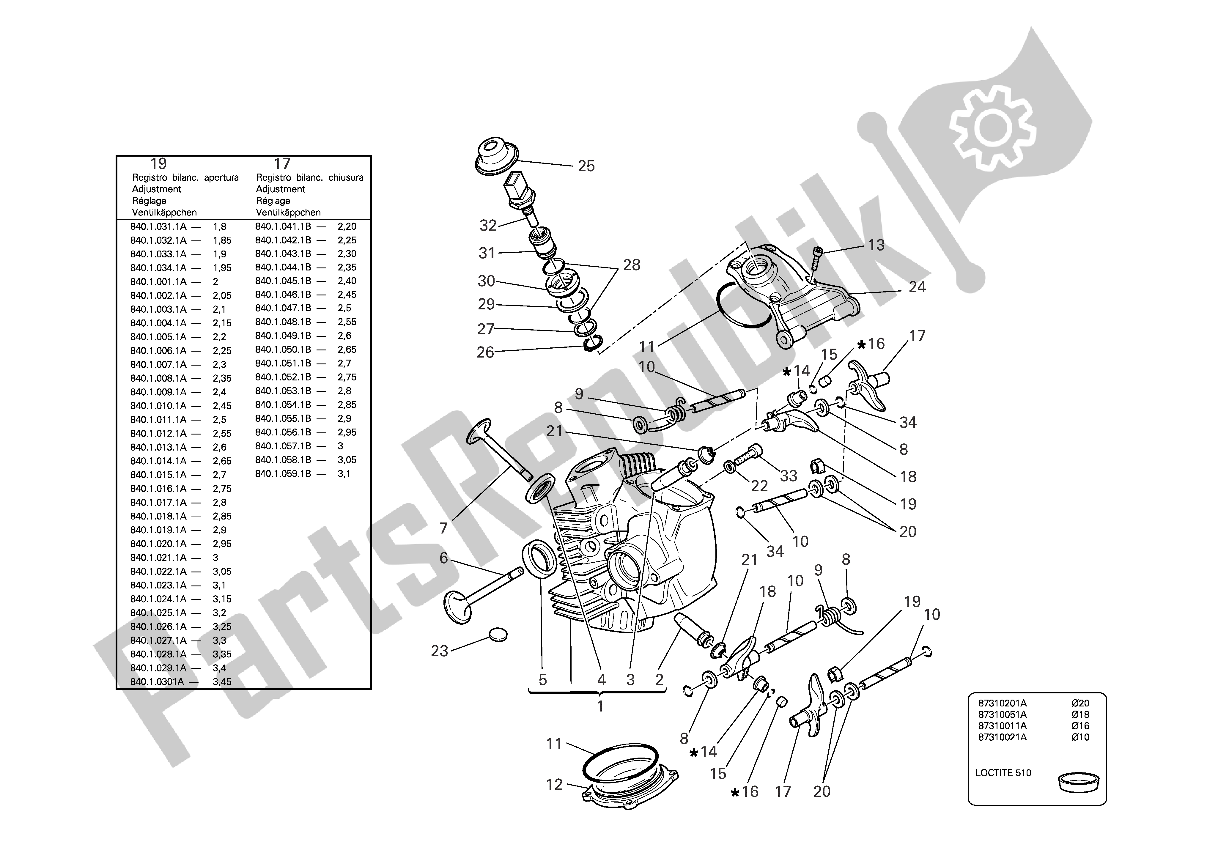 All parts for the Horizontal Cylinder Head of the Ducati Multistrada 1000 2005