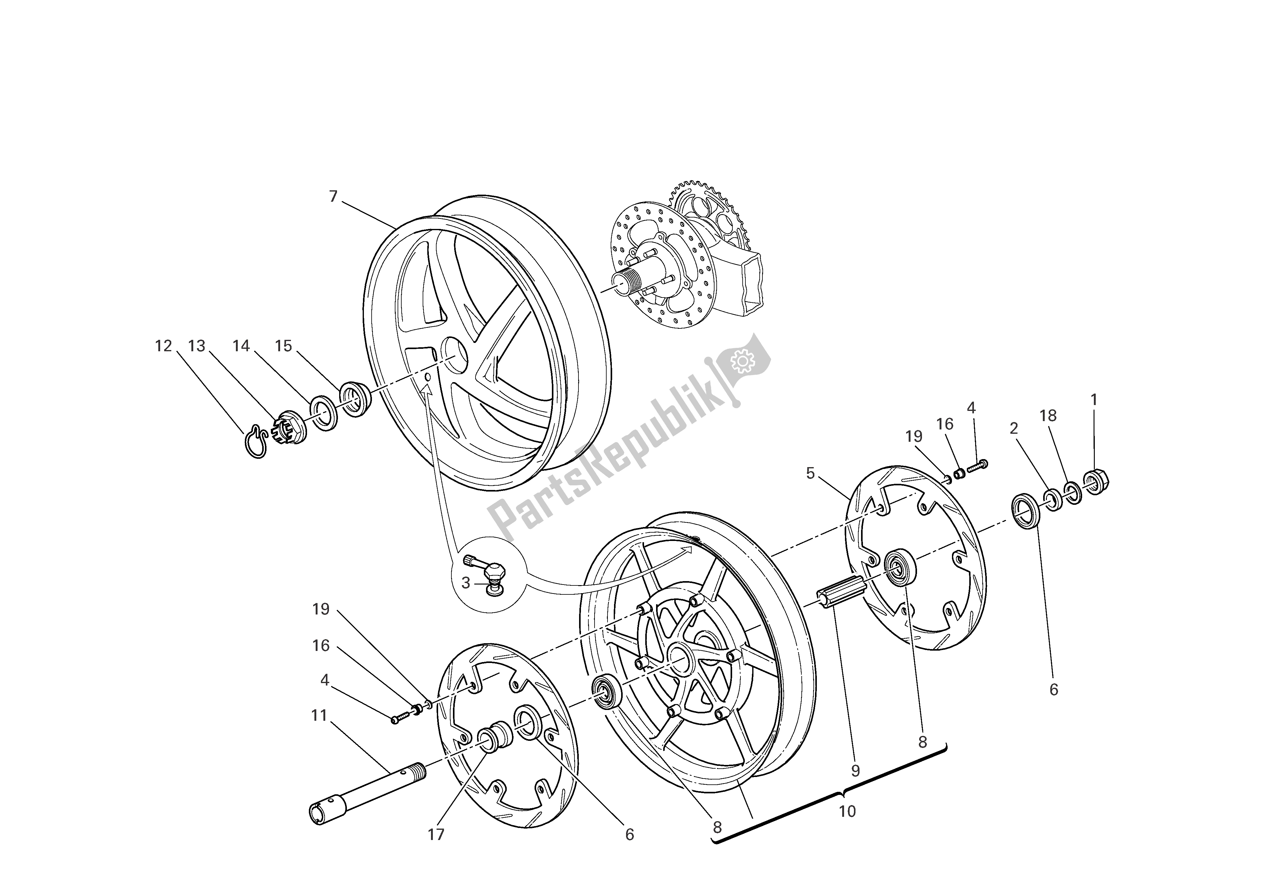 Alle onderdelen voor de Voor- En Achterwielen van de Ducati Multistrada 1000 2005