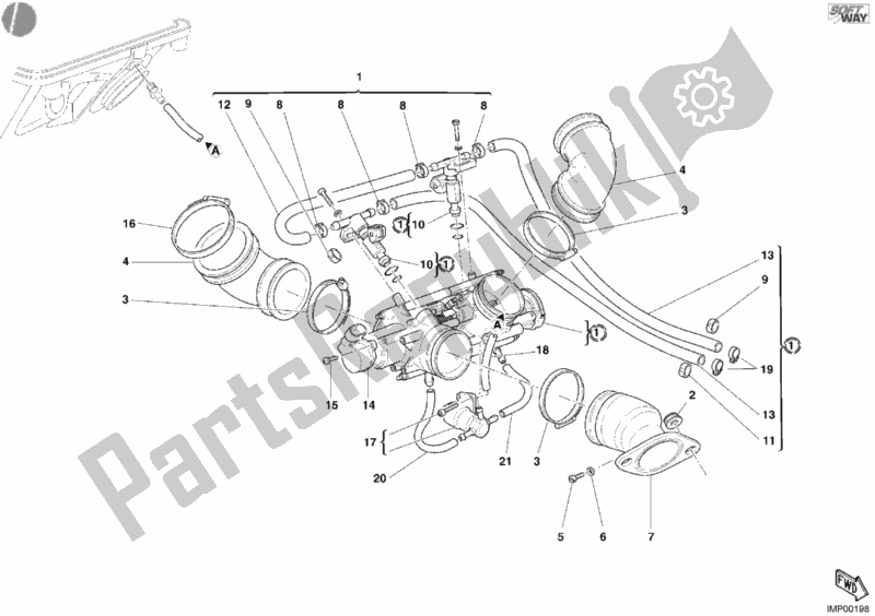 All parts for the Throttle Body of the Ducati Multistrada 1000 2004