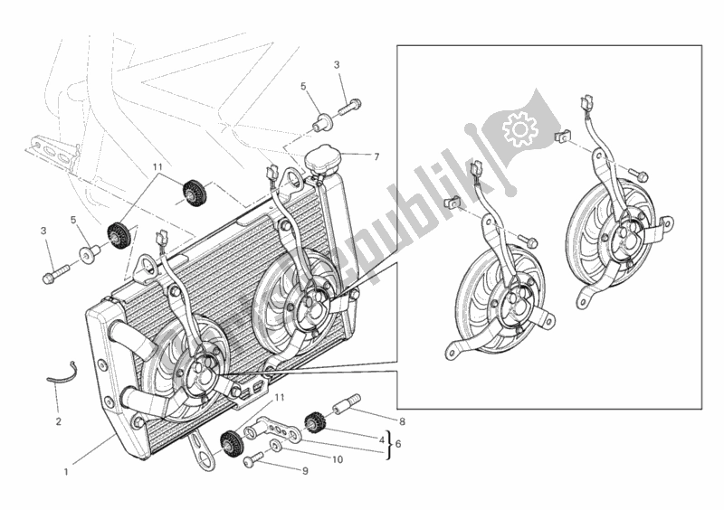 Alle onderdelen voor de Waterkoeler van de Ducati Multistrada 1200 2011