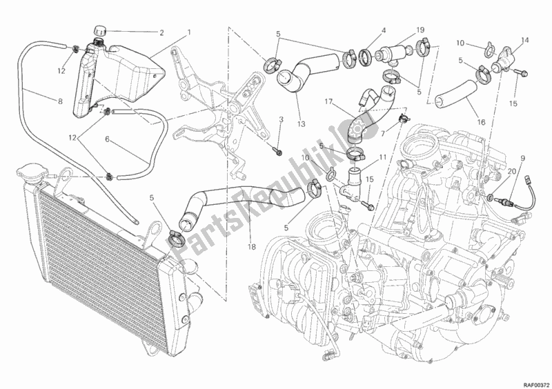 All parts for the Cooling Circuit of the Ducati Multistrada 1200 2012