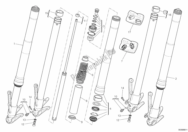 All parts for the Front Fork of the Ducati Multistrada 1200 2012