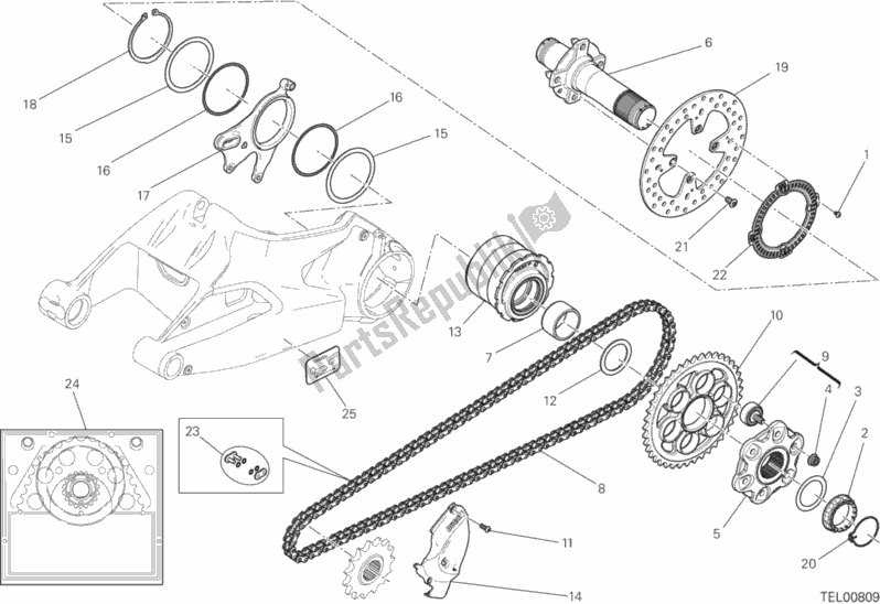 Alle onderdelen voor de Achterwiel As van de Ducati Monster 1200 2015