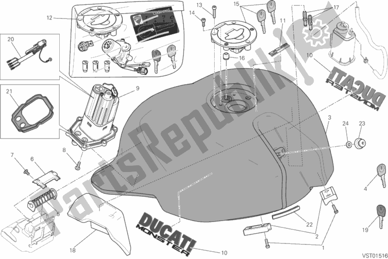 All parts for the 032 - Fuel Tank of the Ducati Monster 1200 2016