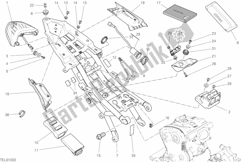 Alle onderdelen voor de Achterframe Comp. Van de Ducati Monster 1200 2017