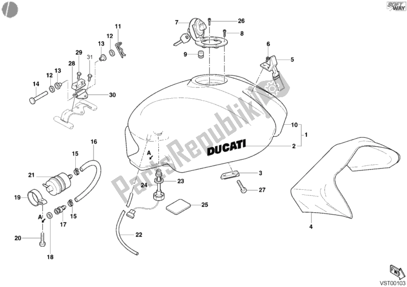 All parts for the Fuel Tank of the Ducati Monster 400 2002