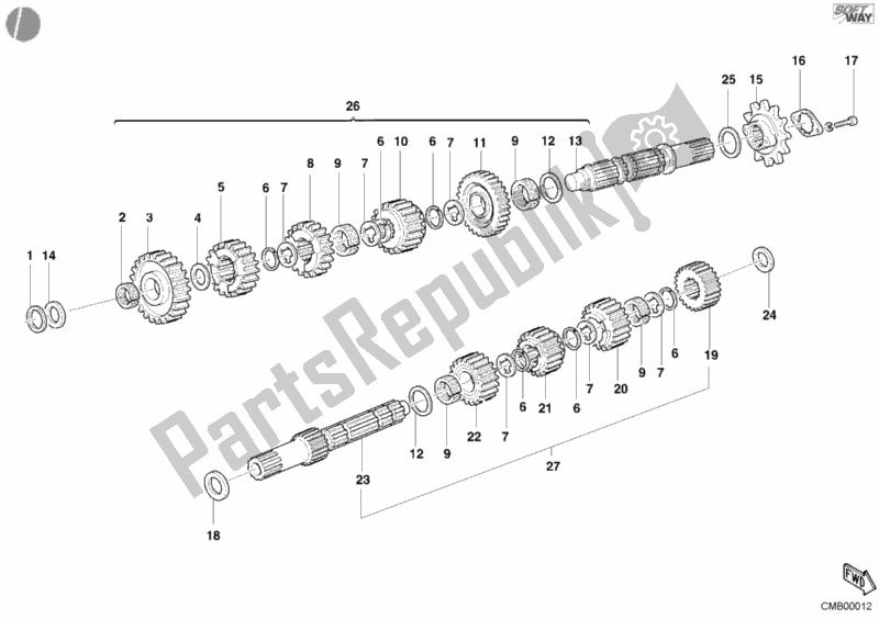 All parts for the Gear Box of the Ducati Monster 400 2002