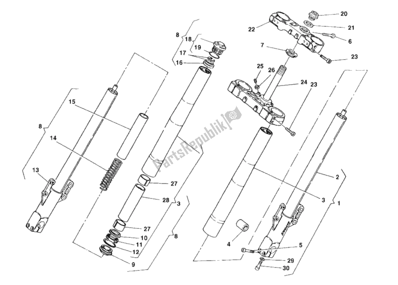 All parts for the Front Fork of the Ducati Monster 600 1999