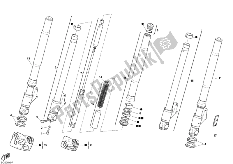 All parts for the Front Fork of the Ducati Monster 620 2003