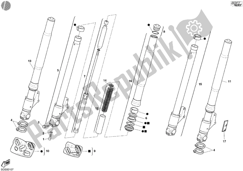 All parts for the Front Fork of the Ducati Monster 620 2004