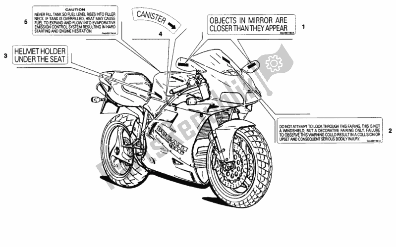 Alle onderdelen voor de Waarschuwingsetiketten Usa van de Ducati Superbike 748 1995