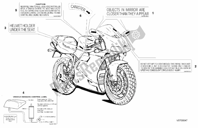 Alle onderdelen voor de Waarschuwingsetiketten Usa van de Ducati Superbike 748 2001