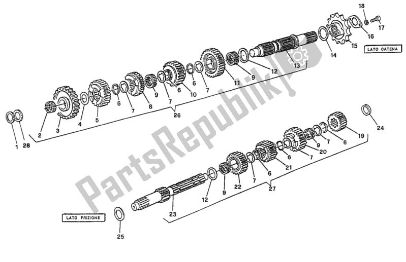 All parts for the Gear Box of the Ducati Monster 750 1997