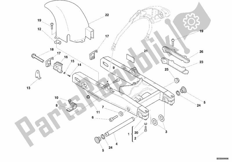 All parts for the Swing Arm of the Ducati Monster 750 2000
