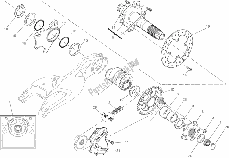 Alle onderdelen voor de Achterwiel As van de Ducati Monster 796 2013
