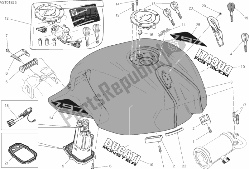 All parts for the Fuel Tank of the Ducati Monster 797 2019