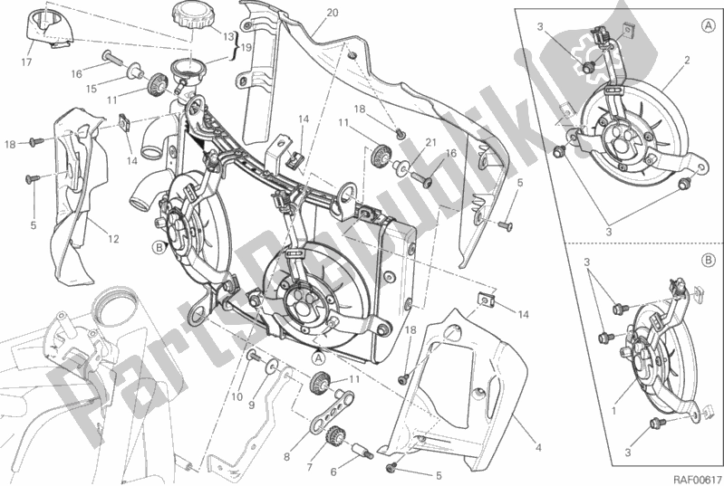 All parts for the Water Cooler of the Ducati Monster 821 2019