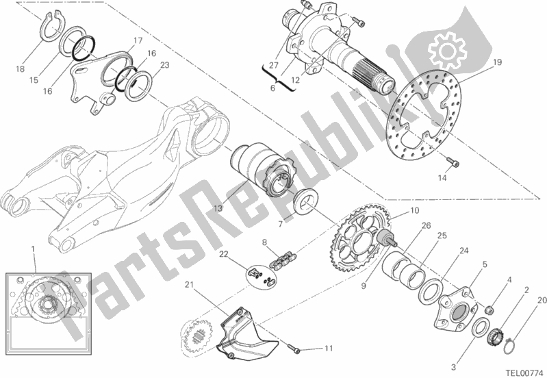 Alle onderdelen voor de Achterwiel As van de Ducati Streetfighter 848 2012