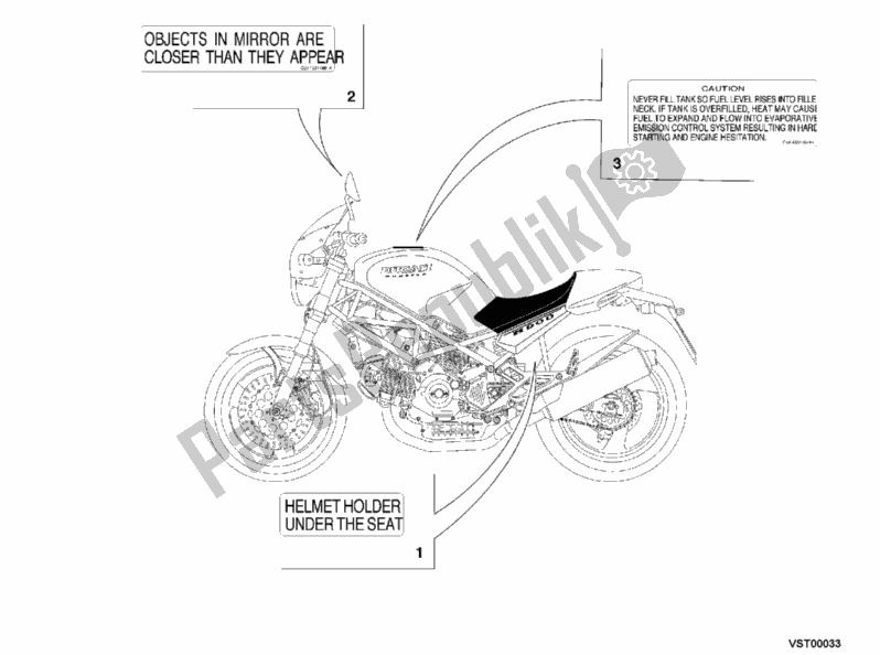 Alle onderdelen voor de Waarschuwingsetiketten Usa van de Ducati Monster 900 2001