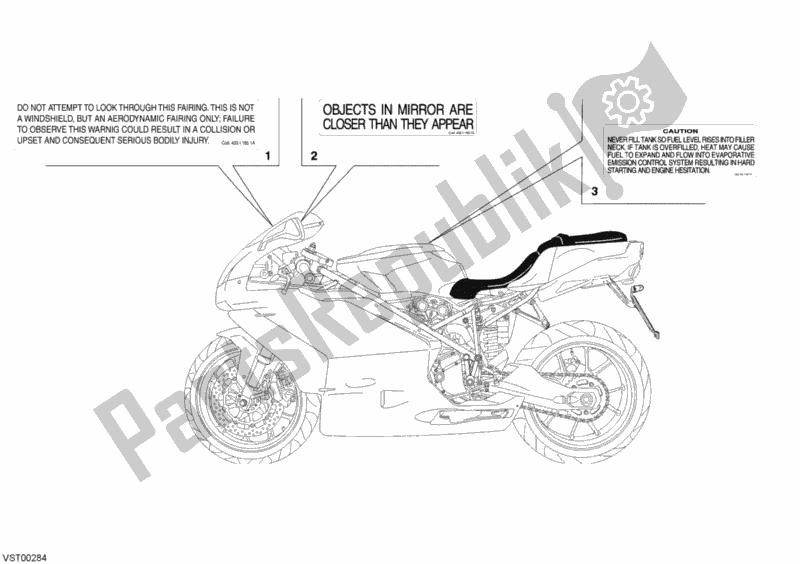 Alle onderdelen voor de Waarschuwingsetiketten Usa van de Ducati Superbike 999 2003
