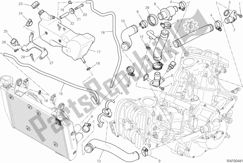 All parts for the Cooling Circuit of the Ducati Hypermotard Hyperstrada 821 2014