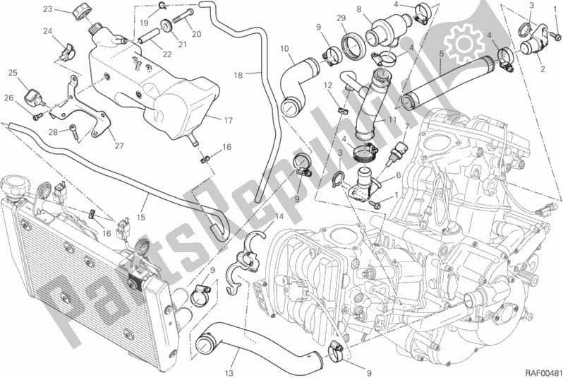 All parts for the Cooling Circuit of the Ducati Hypermotard Hyperstrada 821 2015