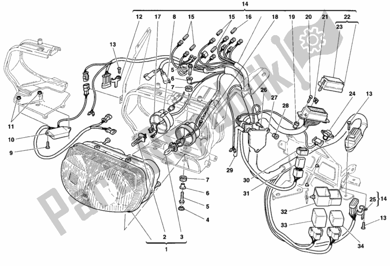 All parts for the Headlight of the Ducati Sport ST2 944 1998