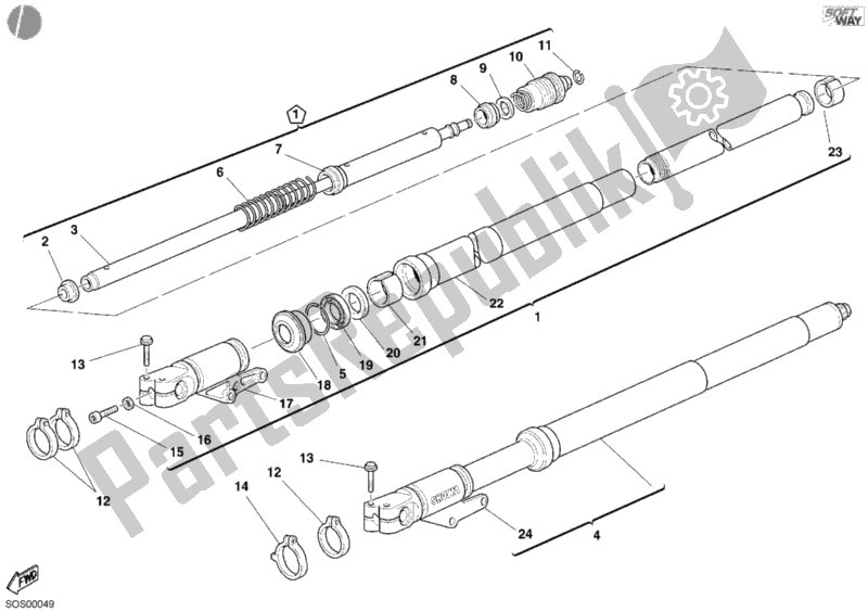 All parts for the Front Fork of the Ducati Sport ST2 944 2001