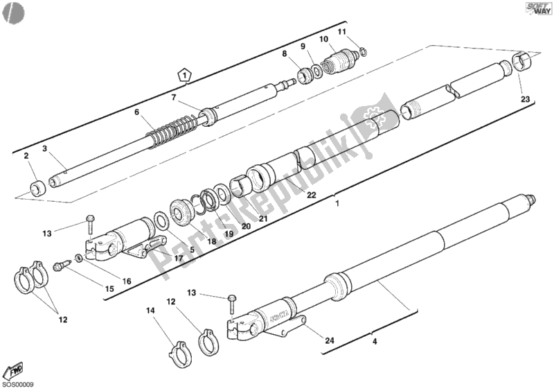All parts for the Front Fork of the Ducati Sport ST4 916 2003