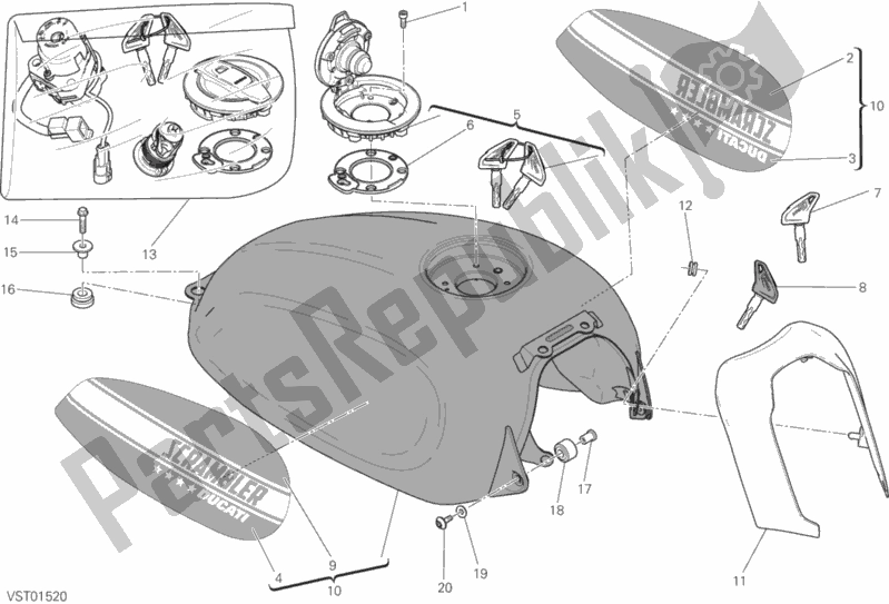 All parts for the Fuel Tank of the Ducati Scrambler Sixty2 400 2018