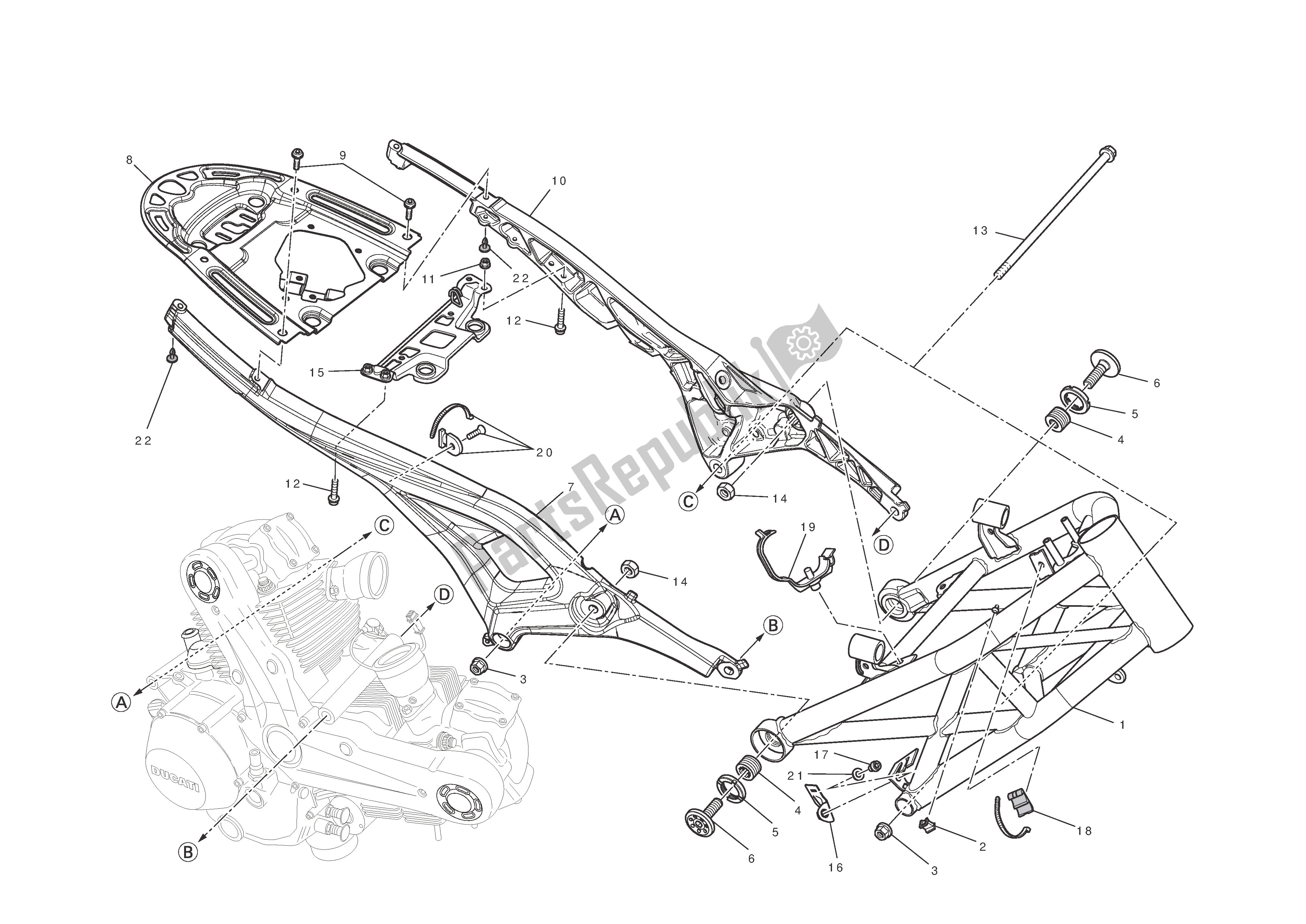 Alle onderdelen voor de Kader van de Ducati Monster 1100 2012