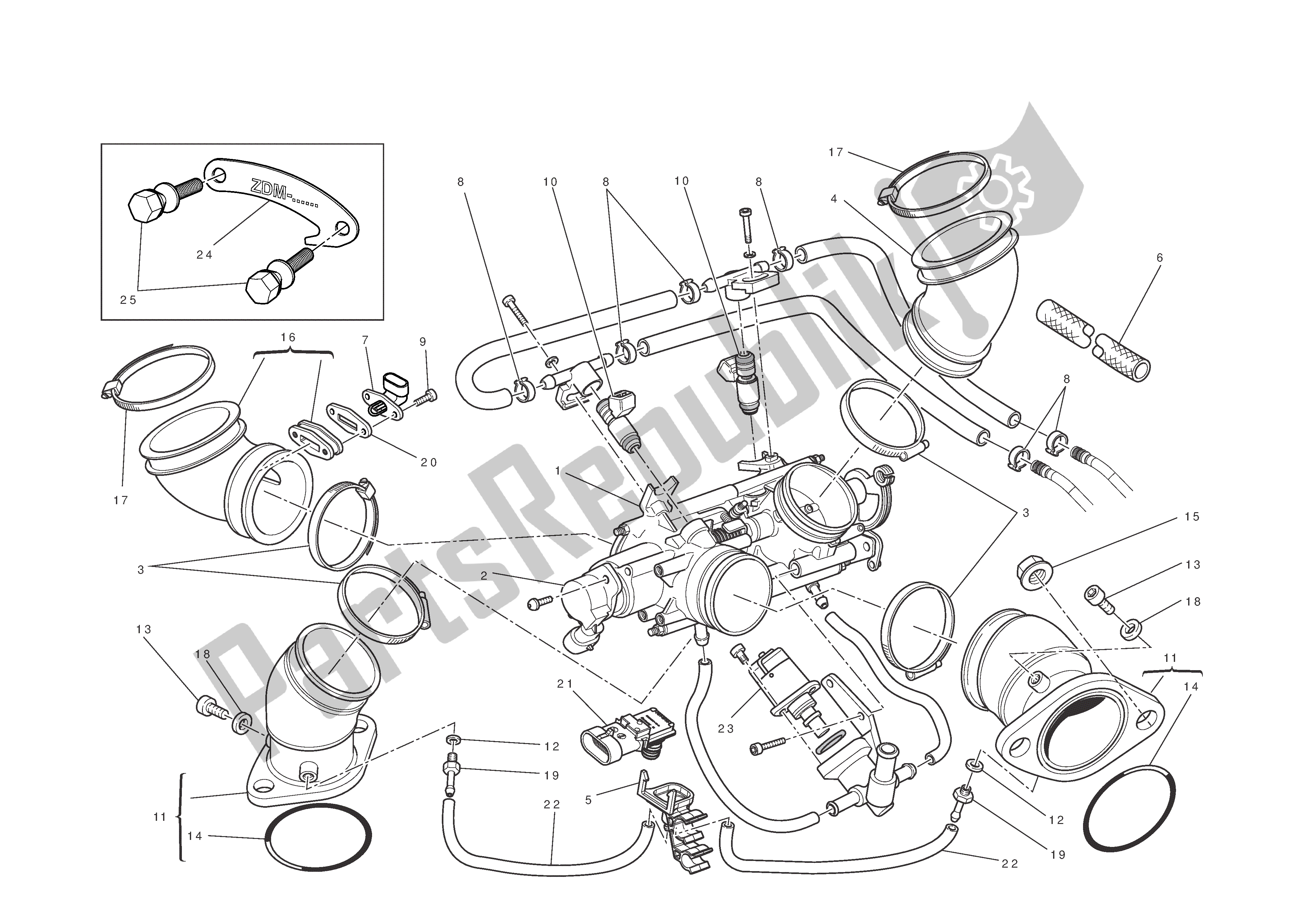 Alle onderdelen voor de Inlaatspruitstukken van de Ducati Monster 1100 2012