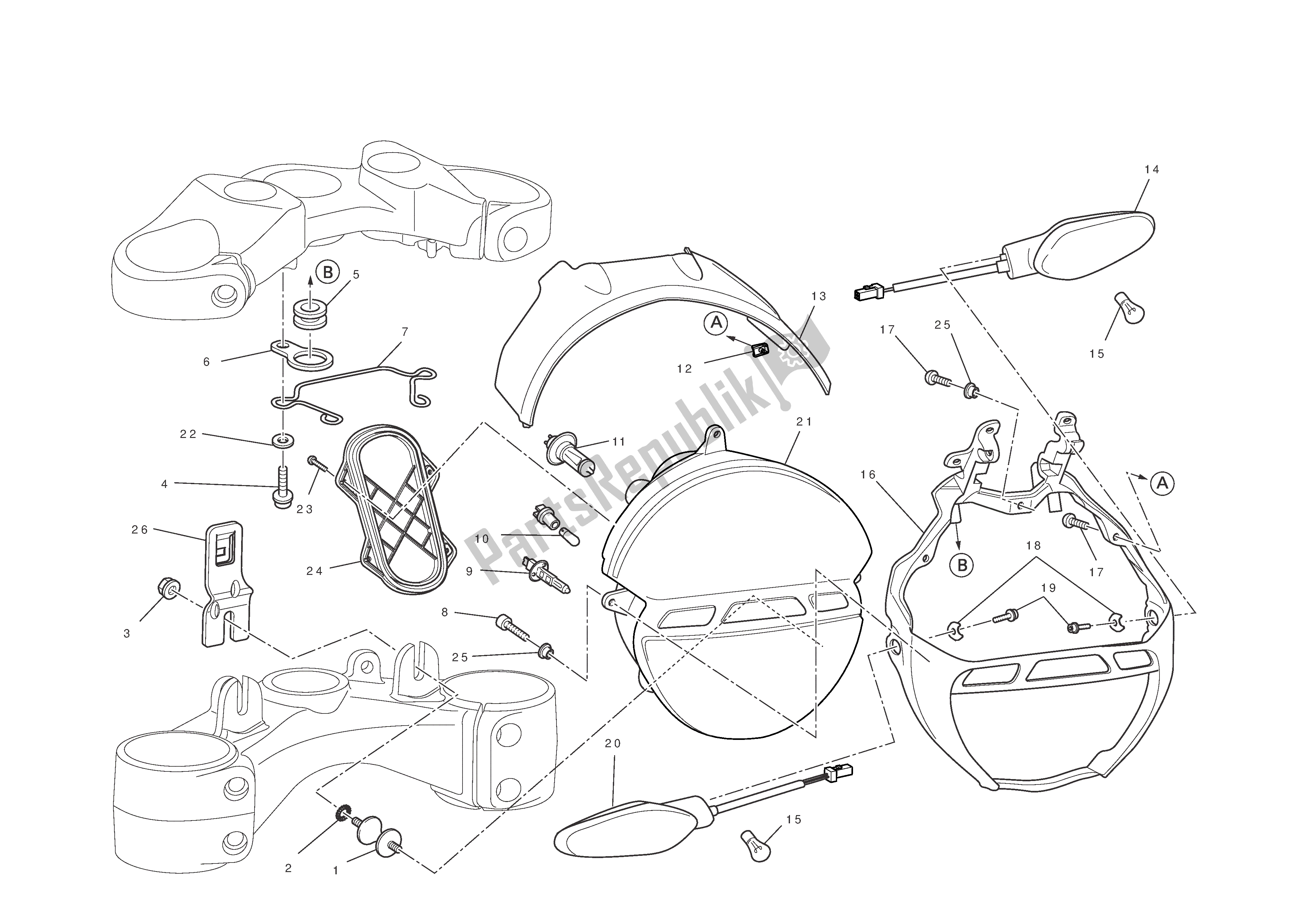 All parts for the Headlight of the Ducati Monster 1100 2012