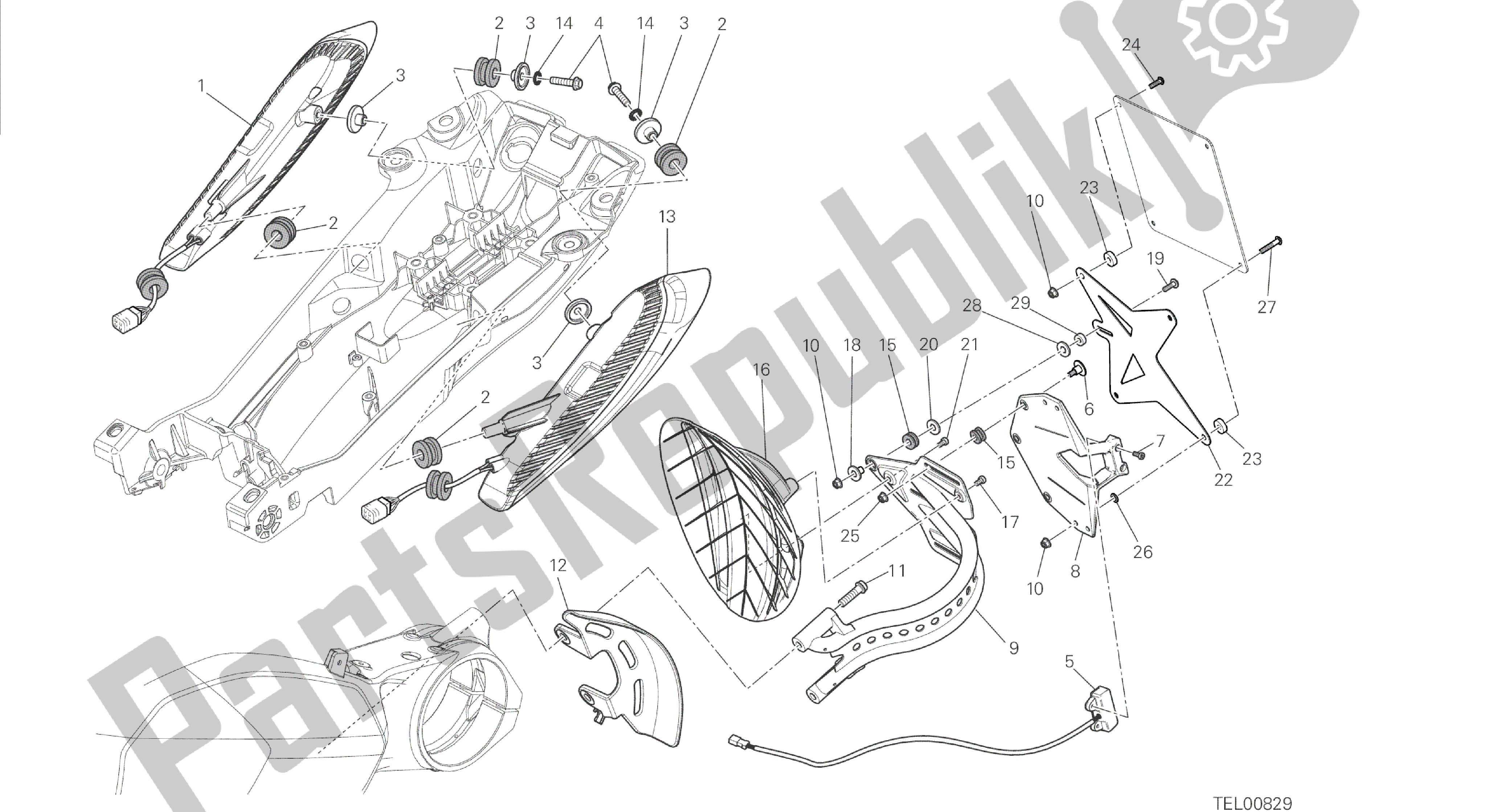 Tutte le parti per il Disegno 27a - Portatarga - Fanale Posteriore [mod: Dvl; Xst: Eur, Fra, Jap] Gruppo Elettrico del Ducati Diavel 1200 2014