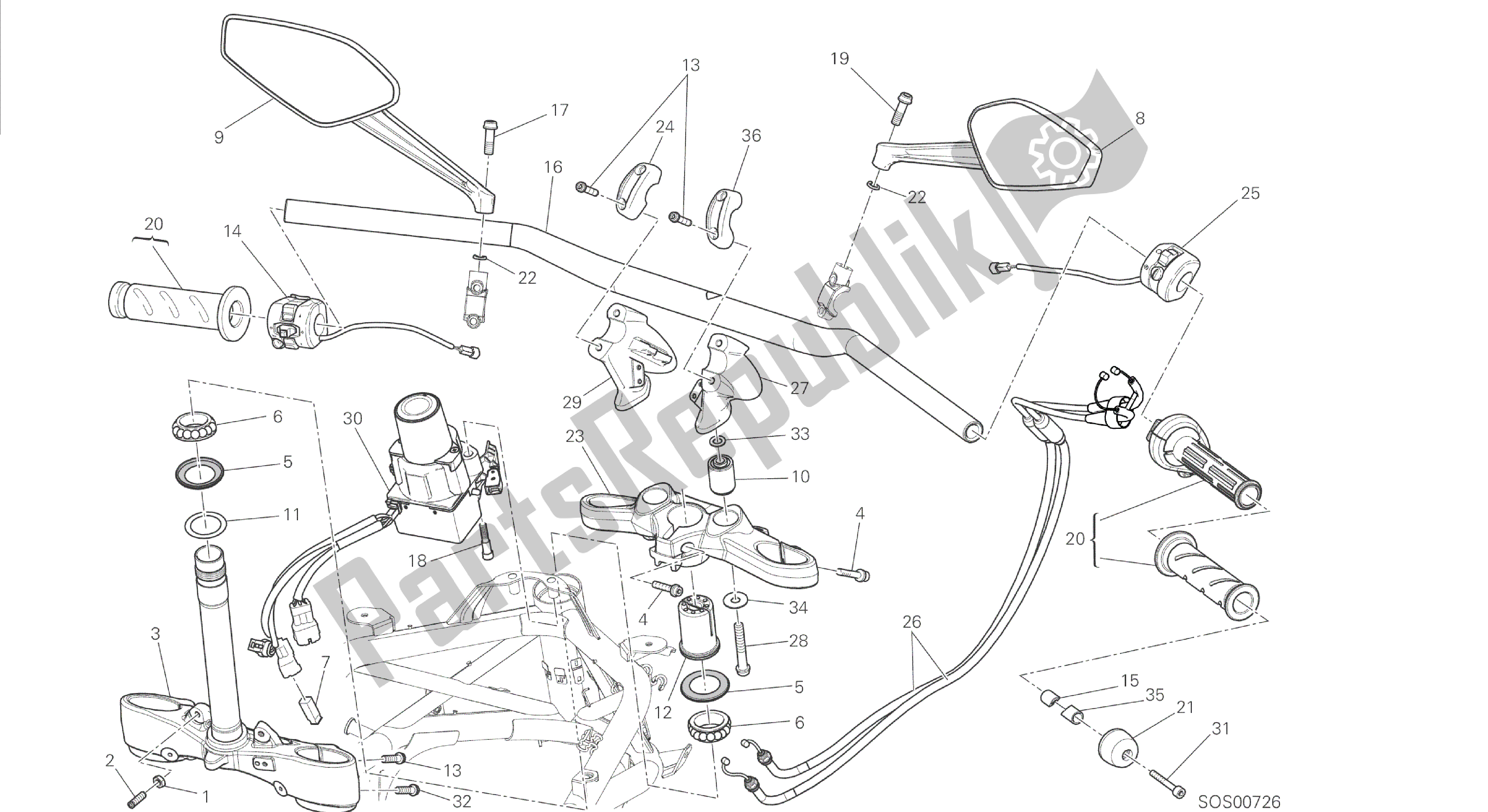 Tutte le parti per il Disegno 021 - Telaio Gruppo Manubrio [mod: Dvl] del Ducati Diavel 1200 2014