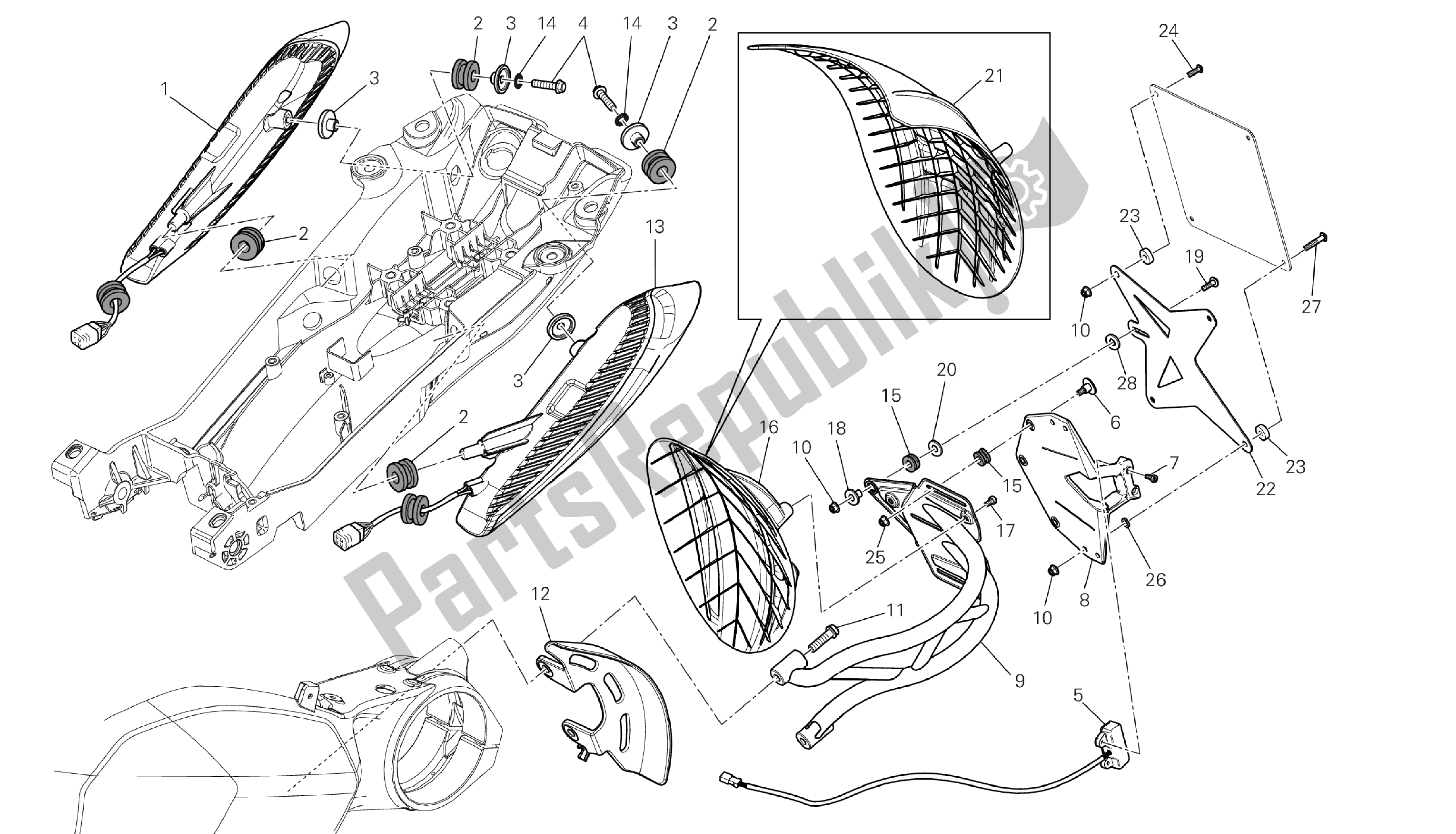 Todas las partes para Dibujo 27a - Portatarga - Fanale Posteriore [m Od: Dvlc; Xst: Aus, Bra, Chn, Eur, Fra, Jap, Th Ai] Group Electric de Ducati Diavel Carbon 1200 2013