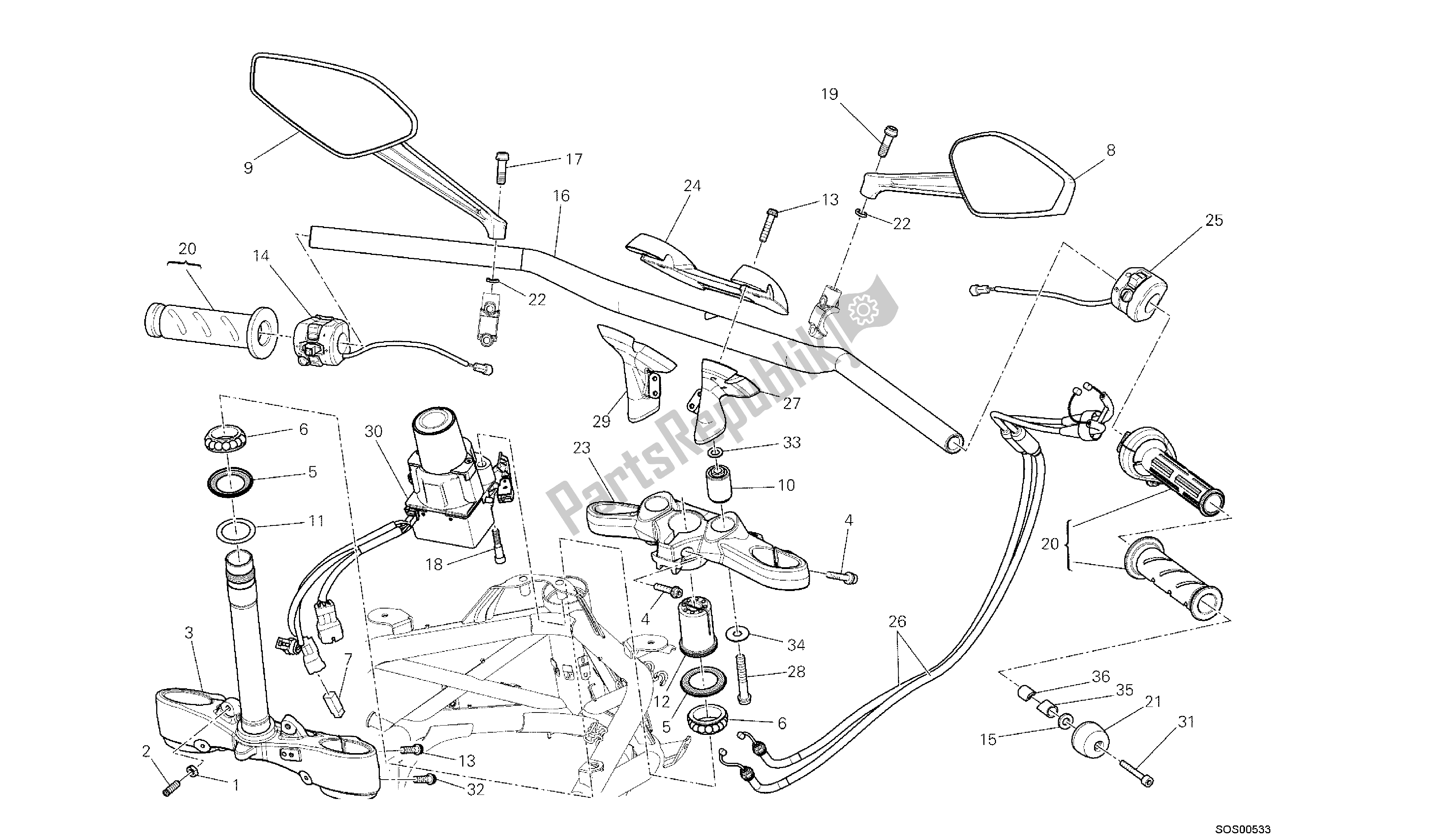 Todas las partes para Dibujo 021 - Manillar [m Od: Dvlc; Xst: Aus, Bra, Chn, Eur, Fra, Jap, Th Ai] Group Fr Ame de Ducati Diavel Carbon 1200 2013