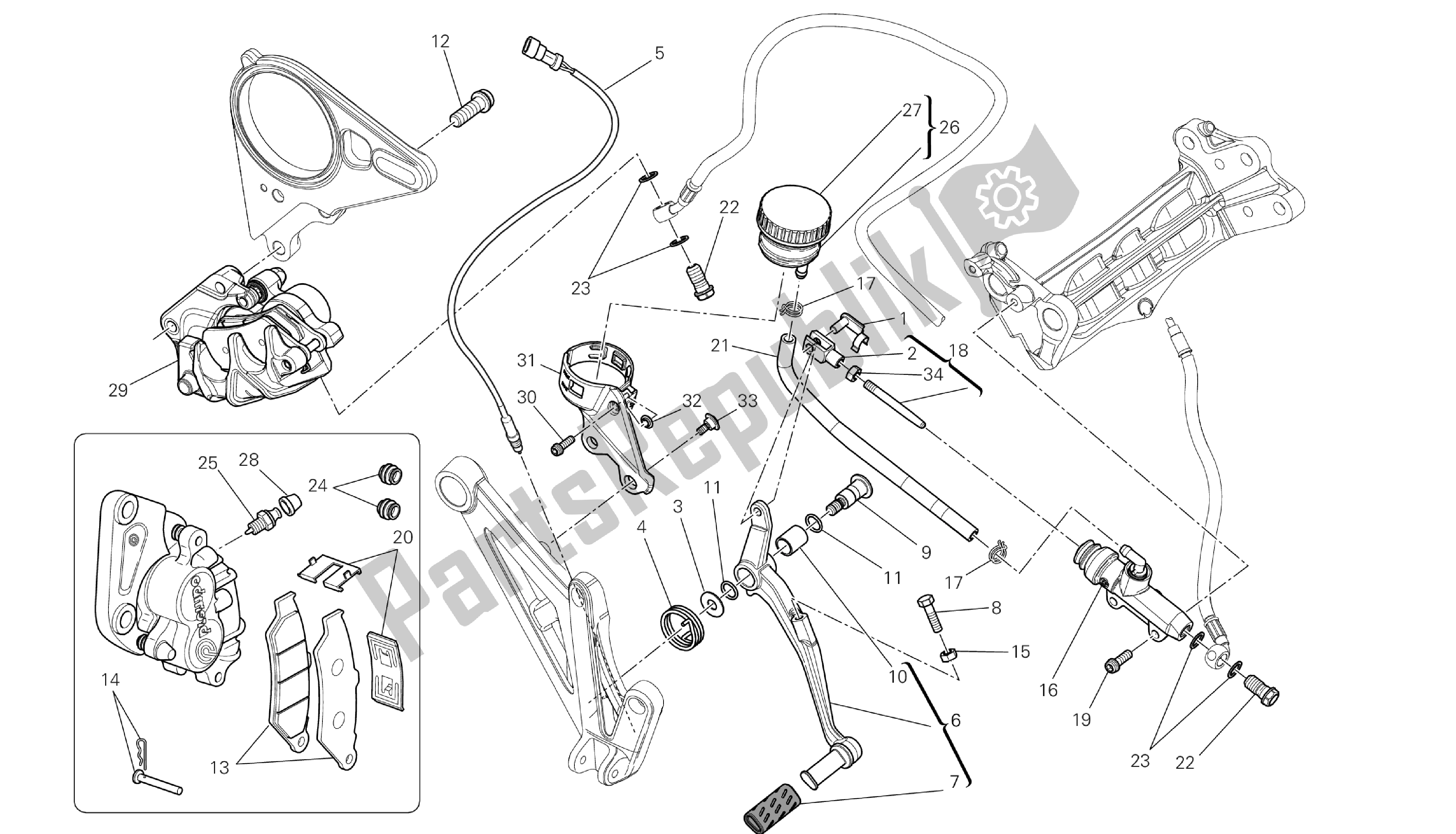 Todas las partes para Dibujo 025 - Sistema De Freno Trasero [m Od: Dvlc; Xst: Aus, Bra, Chn, Eur, Fra, Jap, Th Ai] Group Fr Ame de Ducati Diavel Carbon 1200 2013