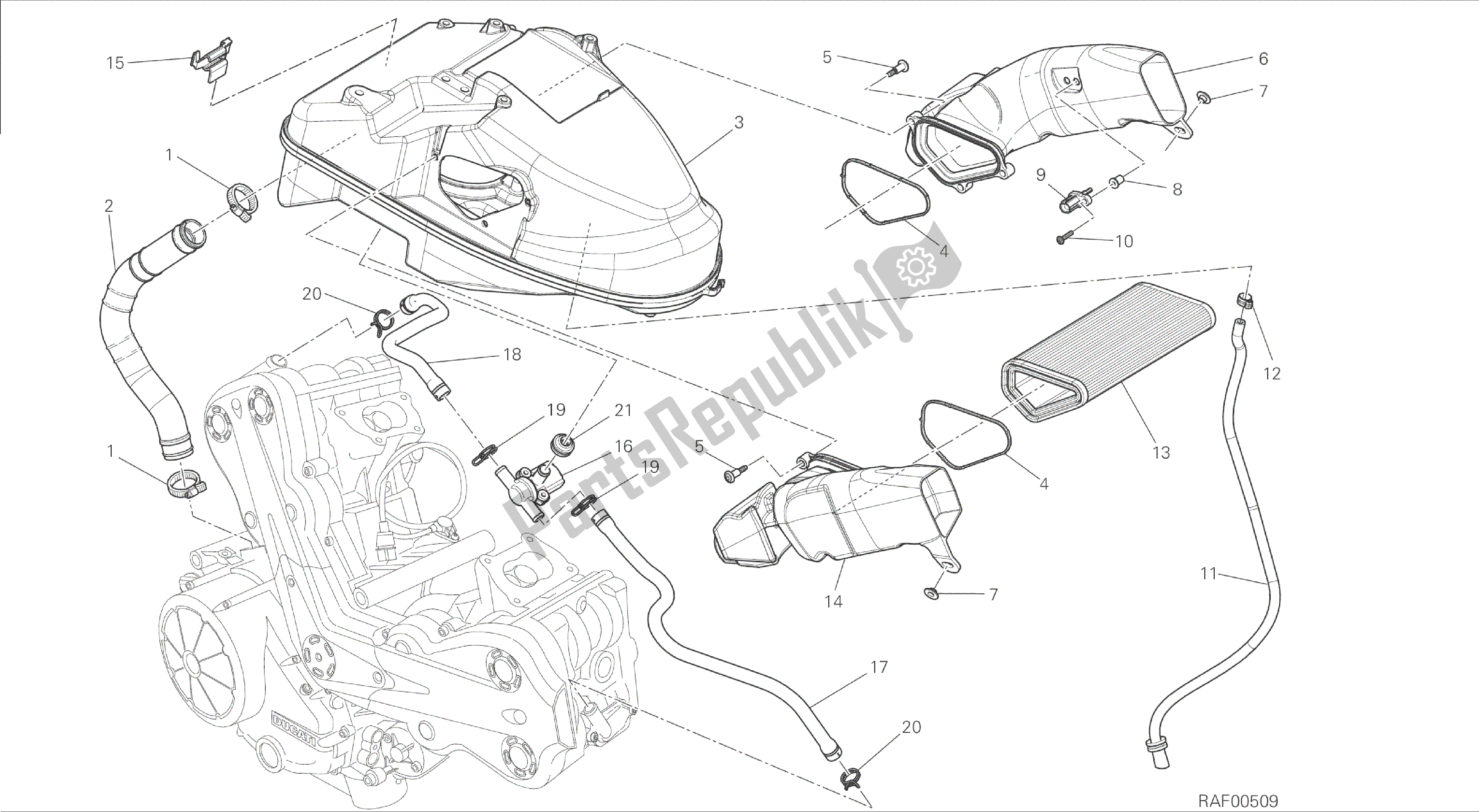 All parts for the Drawing 029 - Intake [mod:dvl]group Frame of the Ducati Diavel 1200 2015